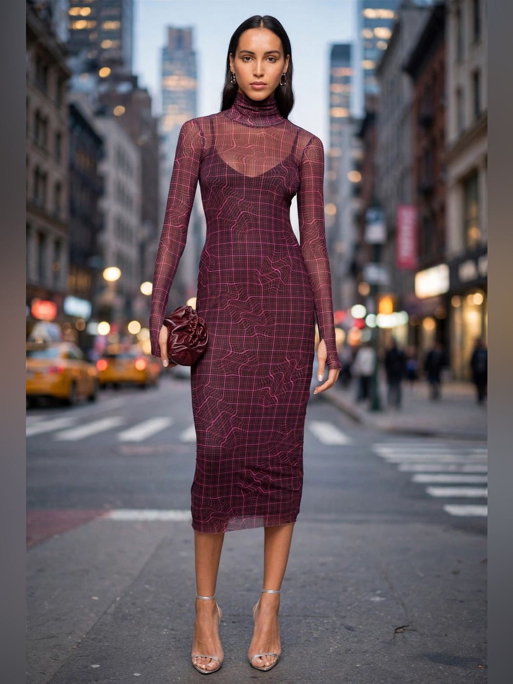 AFRM Shalene Mesh Turtleneck Dress Women's Burgundy Grid-Print Sz S
